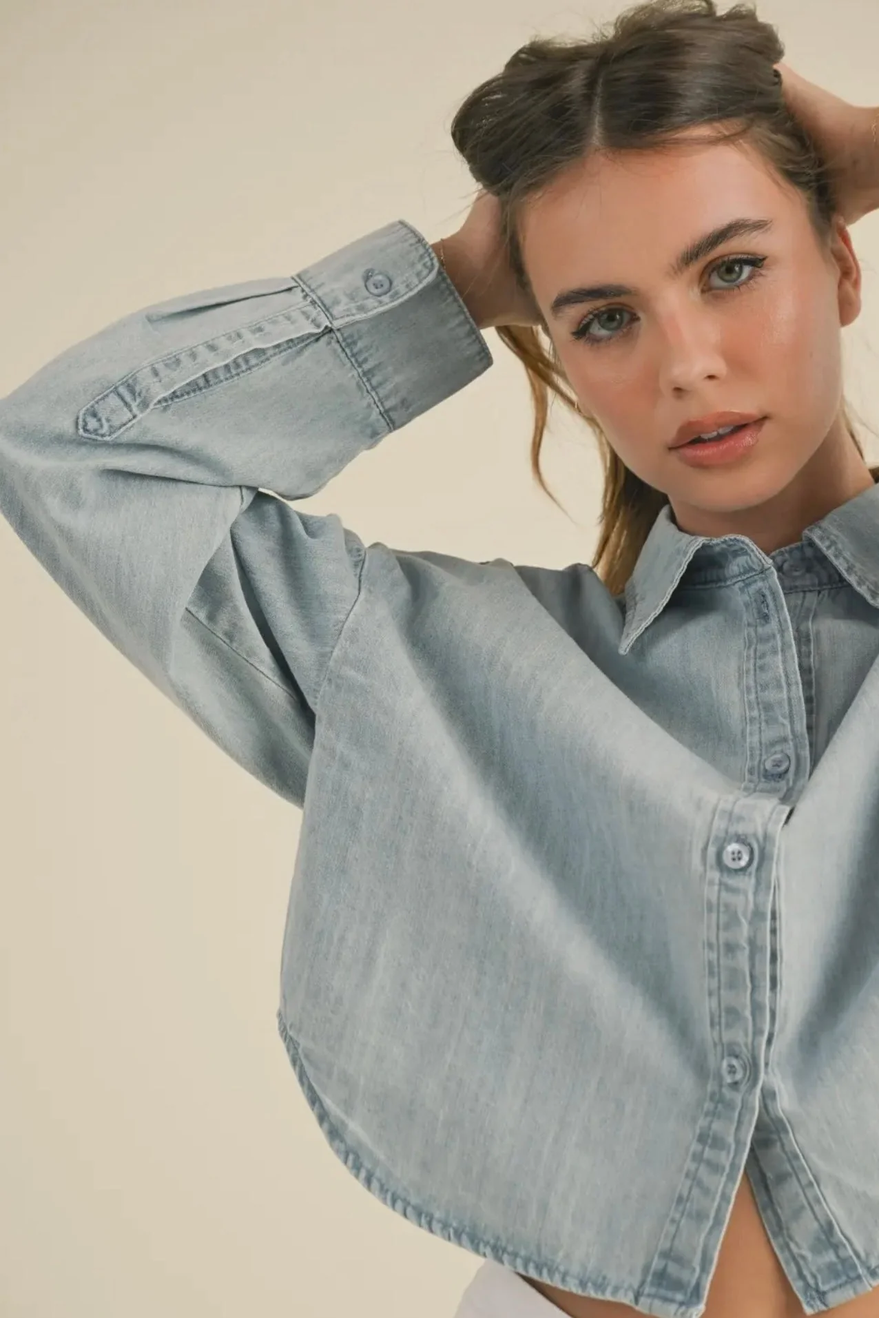 Cropped Denim Button Down - Image 12