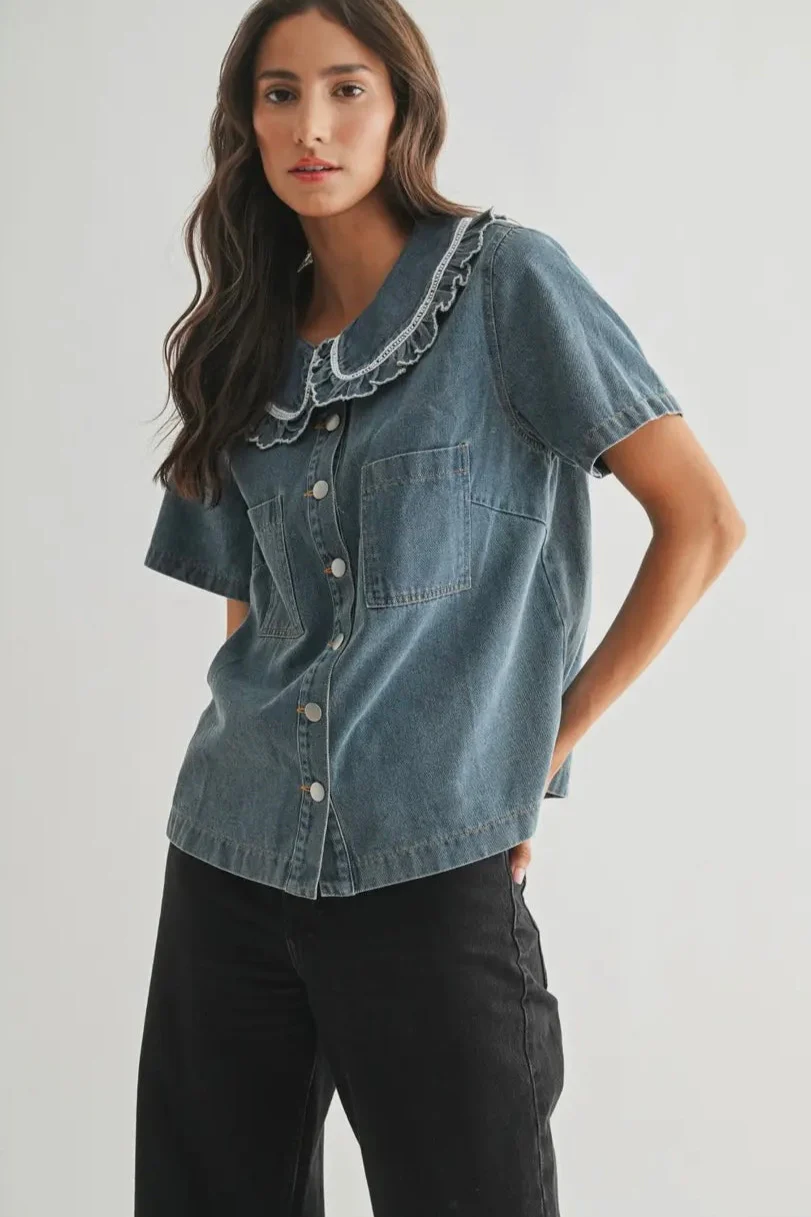 Peter Pan Collar Denim Shirt - Image 8