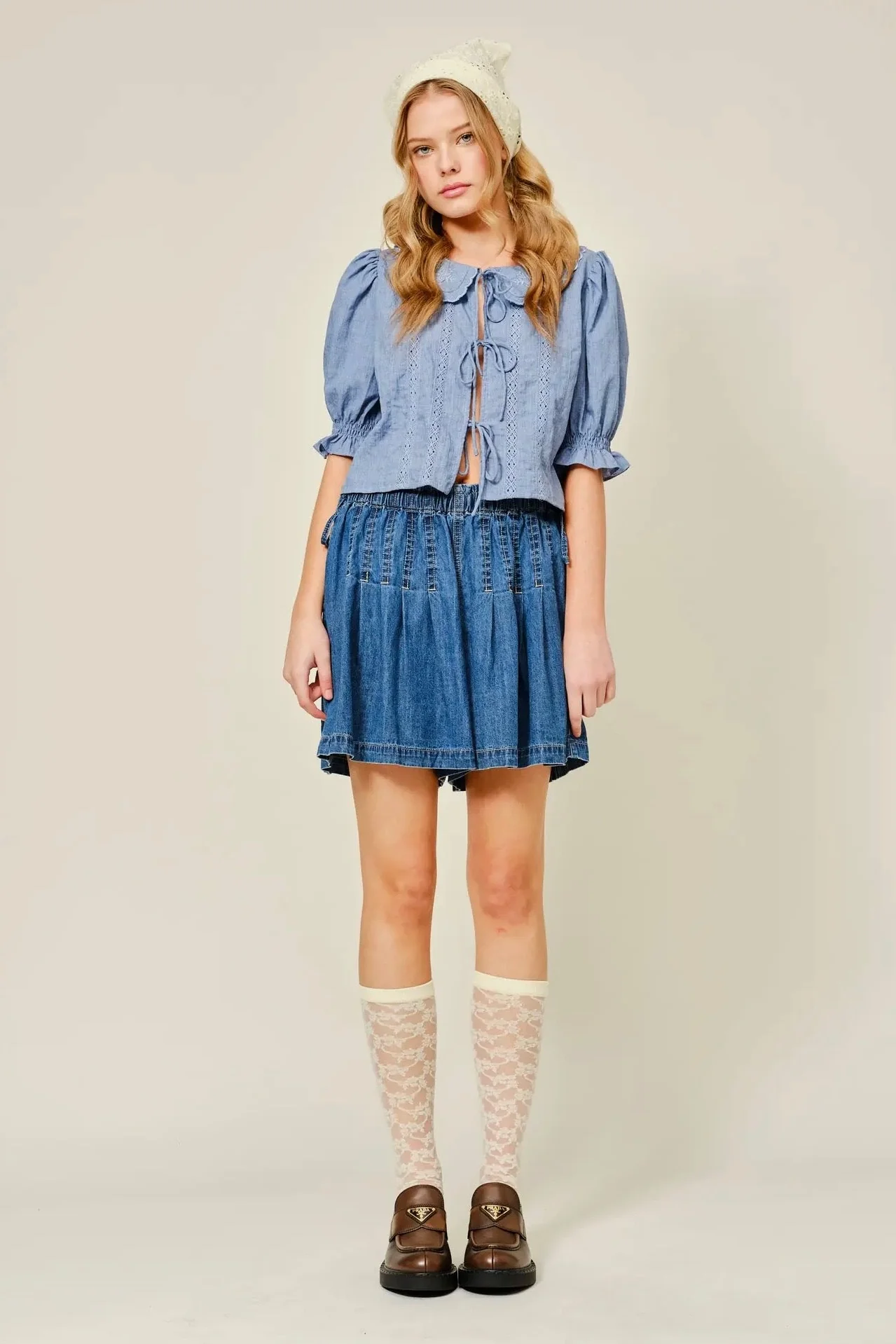 Puffed Sleeve Front Tie Blouse - Image 4