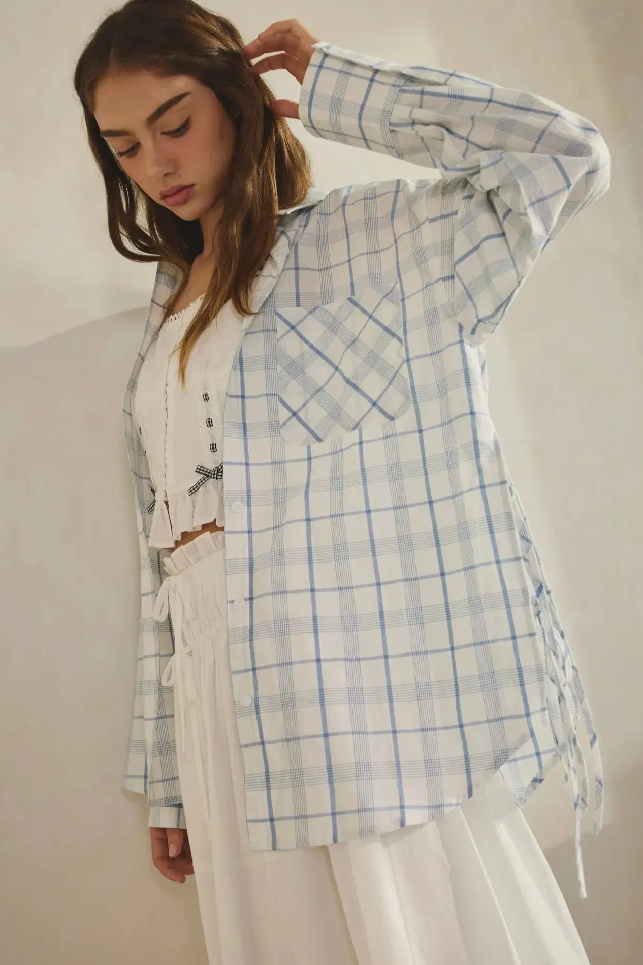 Side Tie Plaid Button Down