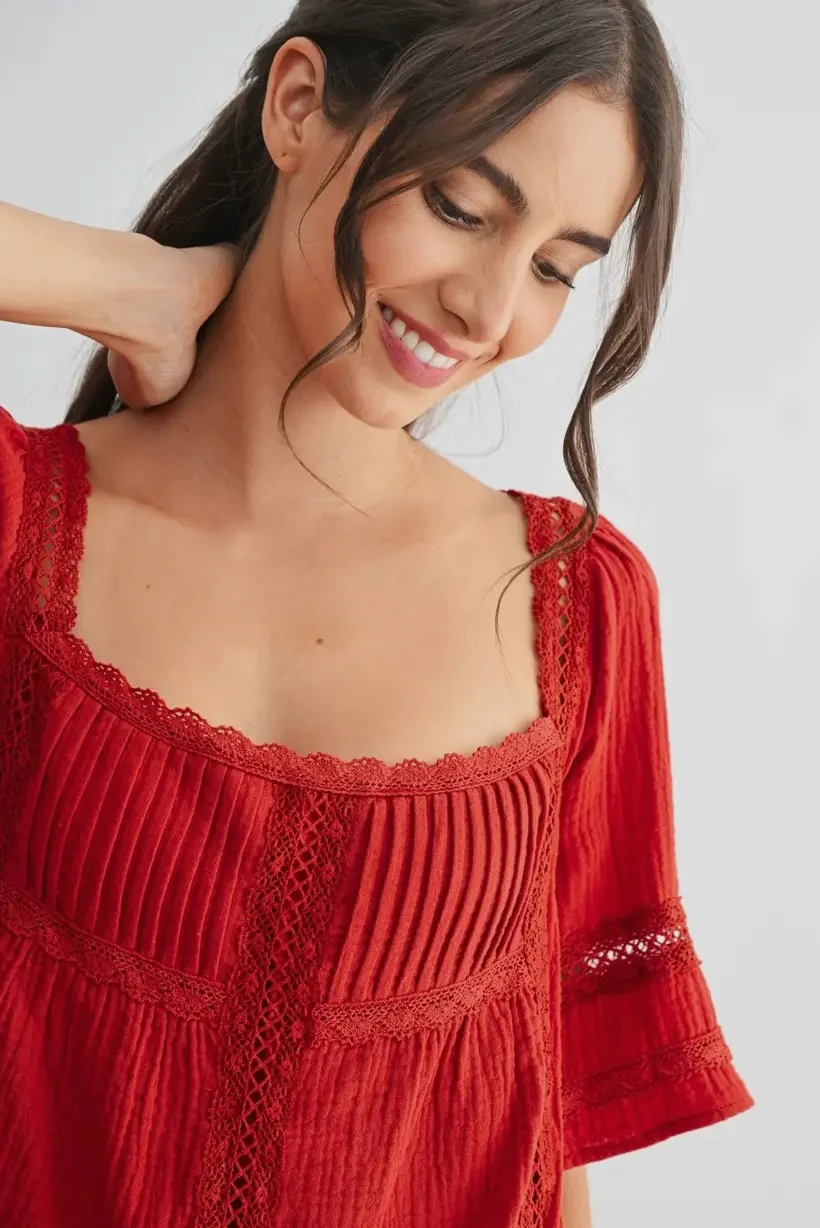 Square Neck Lace Inset Top - Image 4
